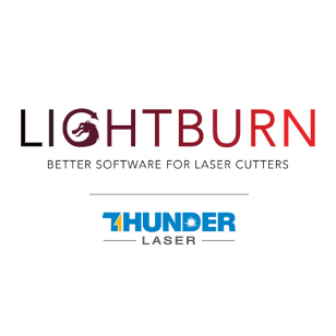 Lightburn logo. red on white background. A red dragon in a square with the words "LIGHTBURN better software for laser cutters" with a Thunder Laser logo underneath