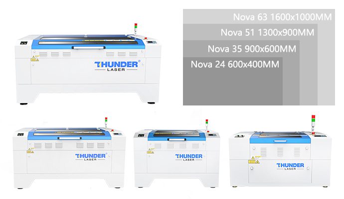 Nova laser cutter machine product image showing different sizes of beds