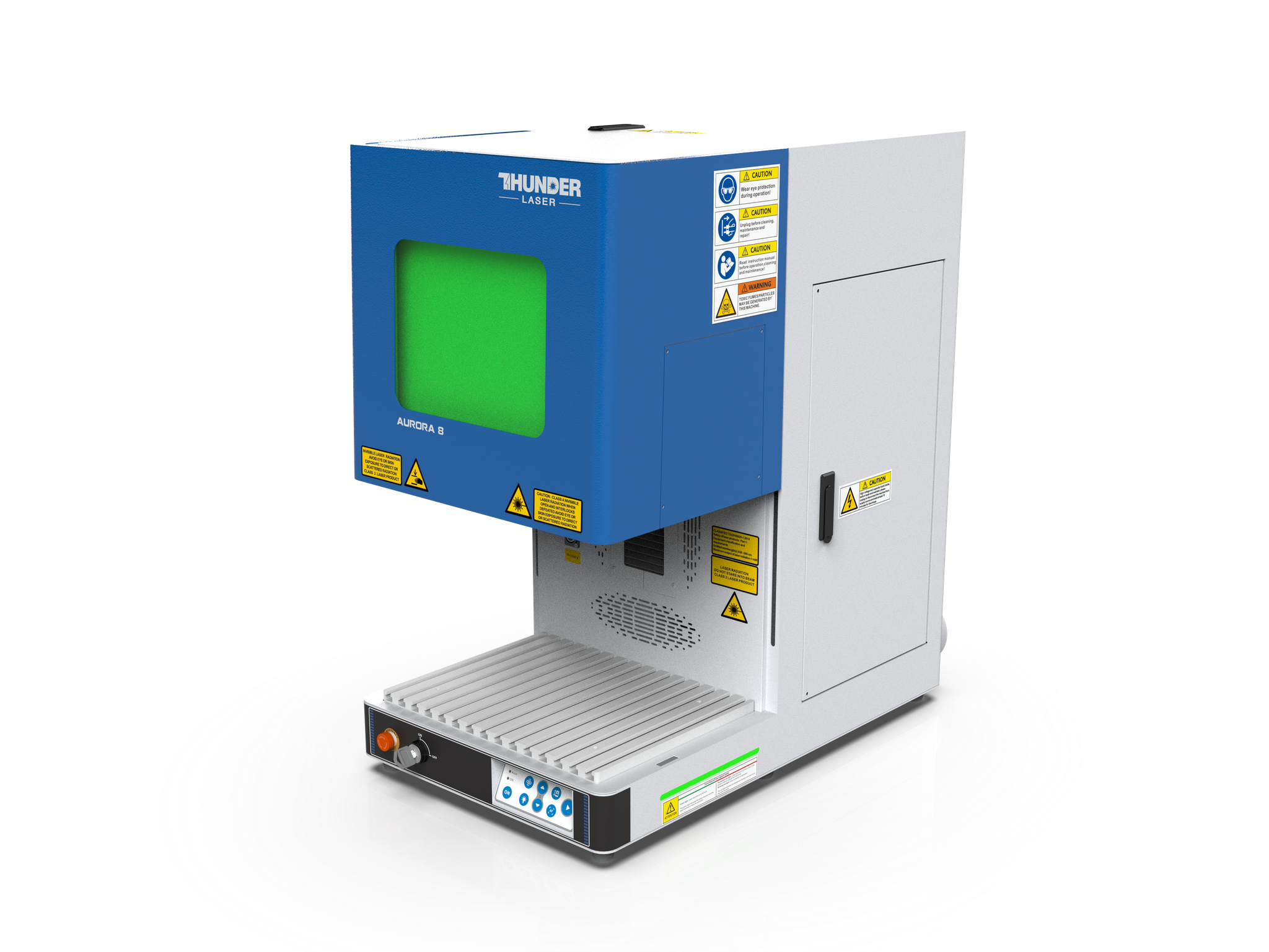 a photo of the new improved version of the Aurora laser marking machine by Thunder laser. It is a small upright machine that can sit on a table top. It has a blue box lid that slides up and down and the window in the lid is green. The machine itself is white