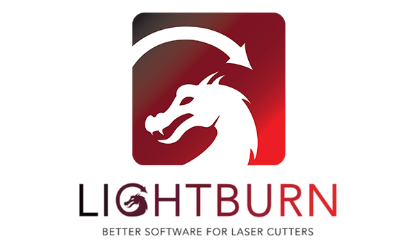 Lightburn logo. red on white background. A red dragon in a square with the words "LIGHTBURN better software for laser cutters"