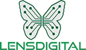 a lens digital logo in green. a graphic image of a green butterfly with circuitboard markings on its wings. the words lens digital in caps below