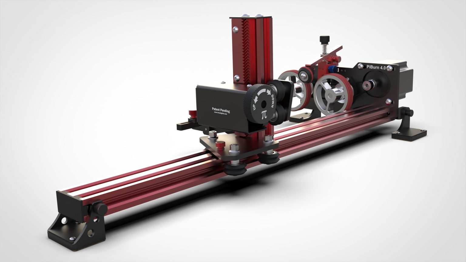 a product photo of a lens digital piburn rotary. a red metallic device with a long rail and adjustments parts to hold a round object for engraving purposes