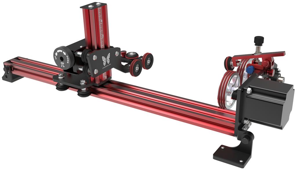 product photo of the PiBurn classic rotary 4.0. a red machine made of metal with a sliding rail used for engraving cylindrical objects.
