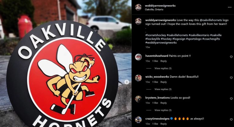 a screenshot of an instagram post by Wobbly Arrow. A red black and yellow logo sign for the Oakville Hornets hockey team. There are letters along the outside of the circle and a cartoon hornet with an angry face holding a hockey stick