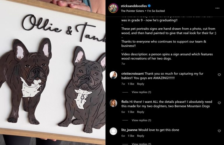 a screenshot of an instagram post by Sticks and Doodles. A person is holding a laser cut wood sign with 2 dark brownish black dogs of a similar breed. the words Ollie and Tank are written above them in script letters.
