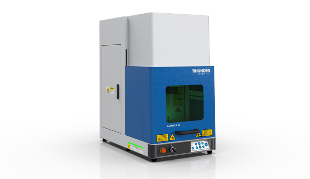 a product shot of the Aurora laser marking machine. It's a small tall machine mostly white with a pull down door that is square and blue with a eye protection window with green glass.