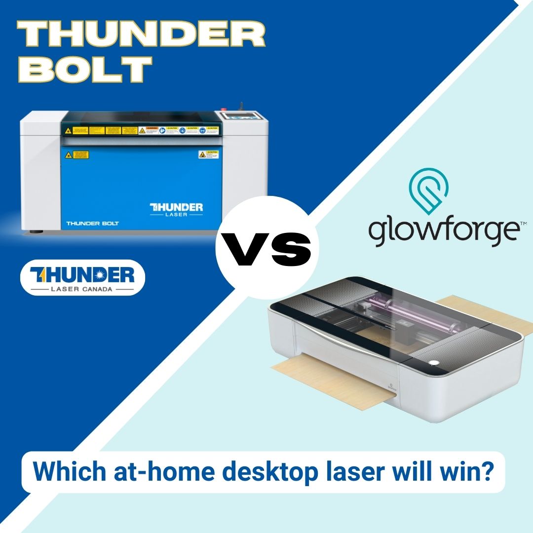 a banner image split into 2 sections. On the left is a Thunder Bolt laser cutter. and on the right is a Glowforge desktop laser cutter. Text says Thunder Bolt vs Glowforge which at-home desktop laser cutter will win?