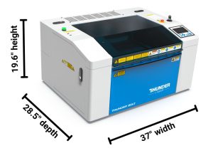 product photo of the thunder laser laser cutter machine "the Thunder Bolt" with dimensions: 37" width, 28.5" depth, 19.6" height