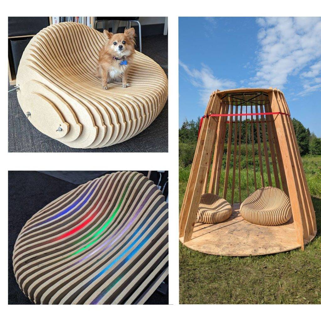 3 photos of laser cut diy festival furniture. wood chairs cut into thin slices then bolted back together. lights are installed in between each slice