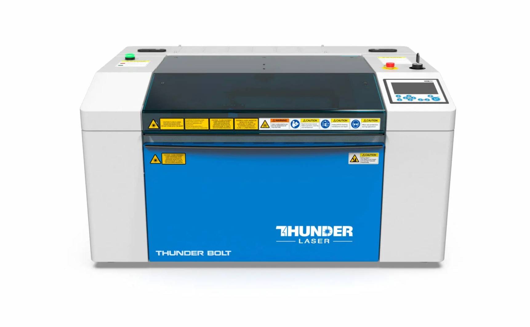 desktop laser cutter by Thunder Laser- the Thunder Bolt. A blue and white laser cutter machine