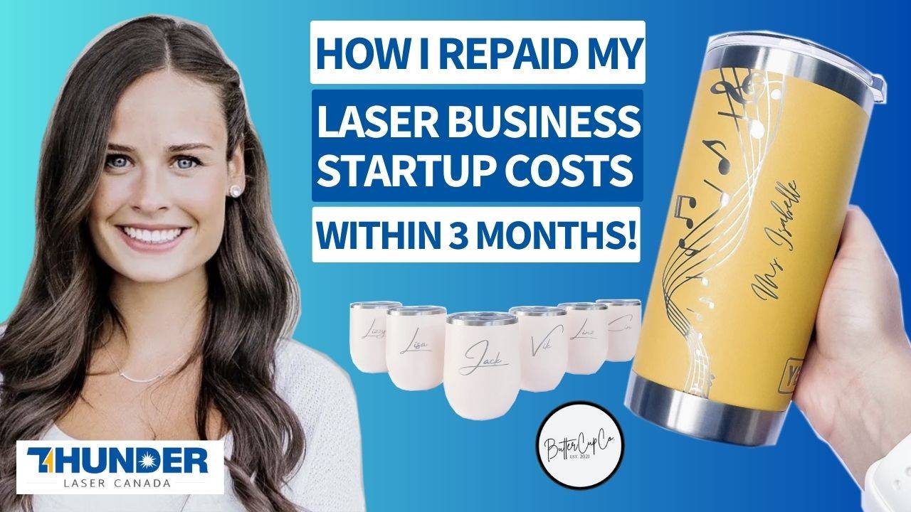 a cover image for a youtube video: title read how i repaid my laser business startup costs within 3 months. A light skinned woman with long brown hair is on the left and a laser engraved yellow coffee mug is on the right with music notes engraved on it. bottom center belore the title is a set of 7 light pink engraved mugs with script letters