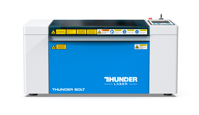 a Thunder Bolt laser cutter machine. blue and white desktop metal machine