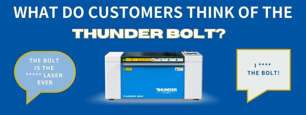 a banner says What do Customers think of the Thunder Bolt? theres an image of 2 speech bubbles and a product photo of the Thunder bolt laser cutter underneath. Thunder bolt laser reviews image.