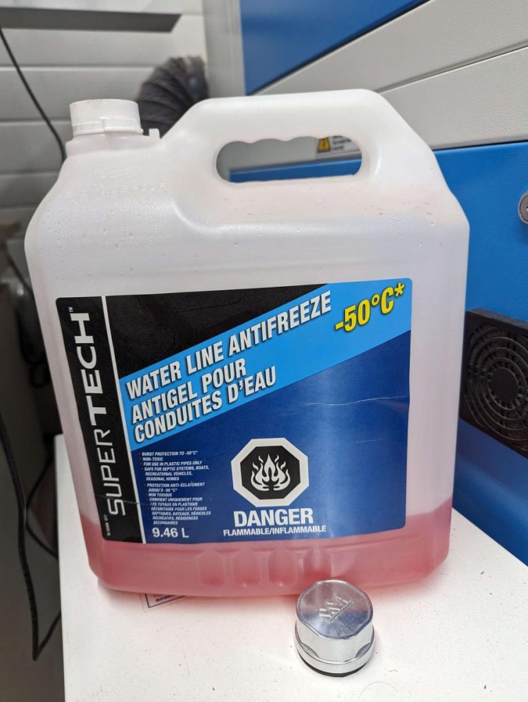 a jug of rv antifreexe Super Tech waterline antifreeze. Can be used as laser cutter antifreeze. Buy at Canadian Tire