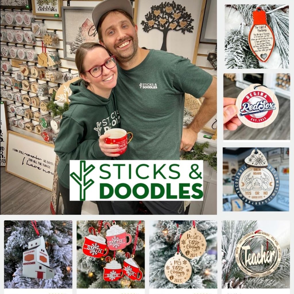 a collage of images with the largest photo of Kyle and Danelle, the on=wners of Sticks and Doodles hugging in front of a wall of laser cut holiday ornaments and signs. Around the main image are small images of their various Christmas ornaments they make
