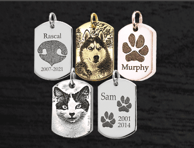 laser engraved dog and cat tags pendants with photos engraved and dates of obituary