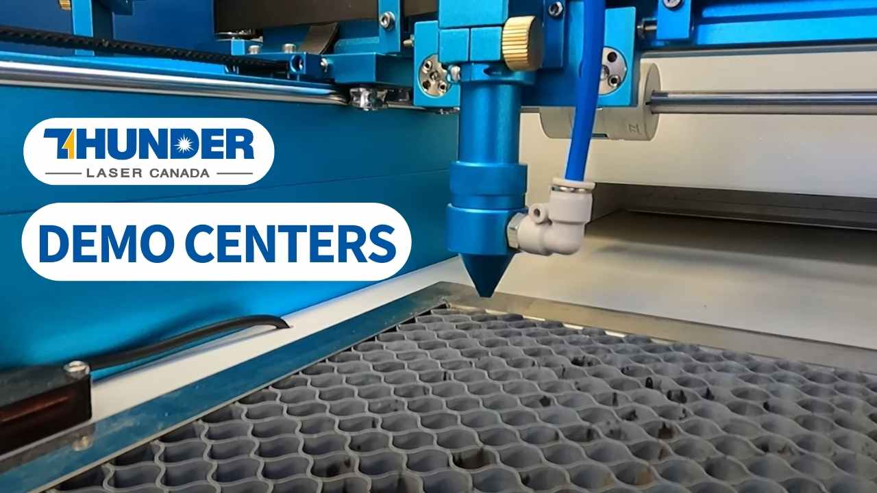 banner image A close up of a laser cutter inside the bed with Thunder Laser Demo centers written on the image in blue letters with white background