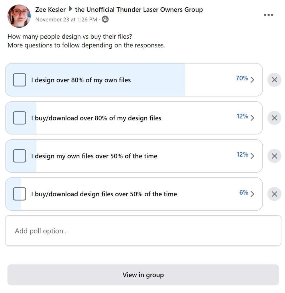 facebook poll most people indicated they design their own files 80% or more of the time
