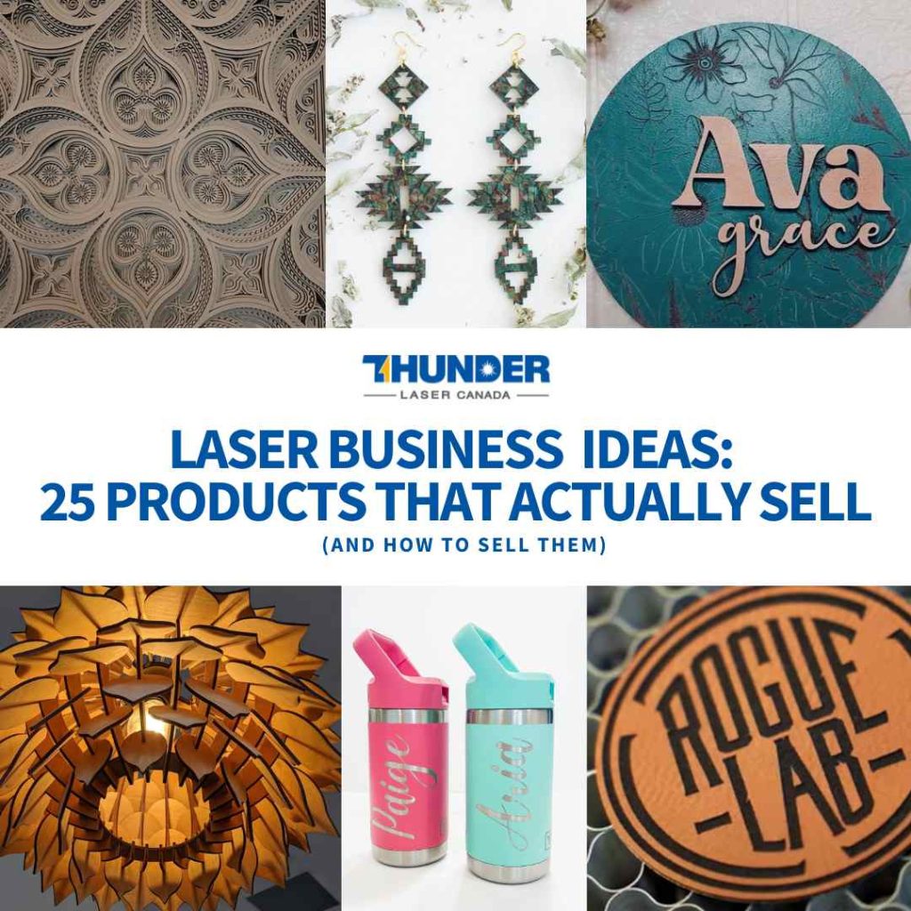 Laser cutter business ideas 25 products that sctually sell. images of laser cut lamps, mandals, signs water bottles and patches in the background behind the text