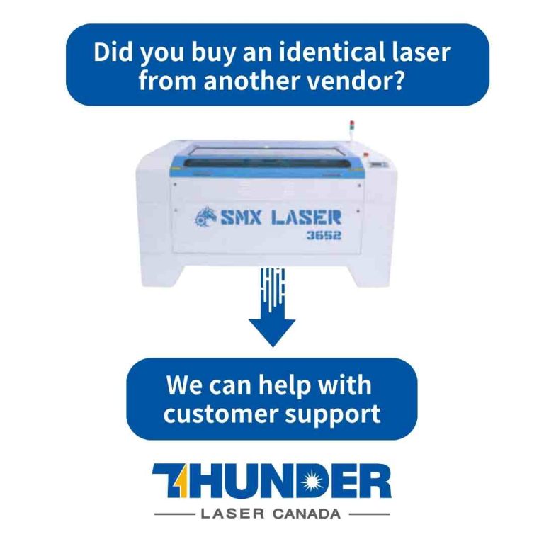 Customer Support for SignMax and Other Laser Vendors. image of SMX laser with arrow pointing to Thunder Laser Canada's brand logo