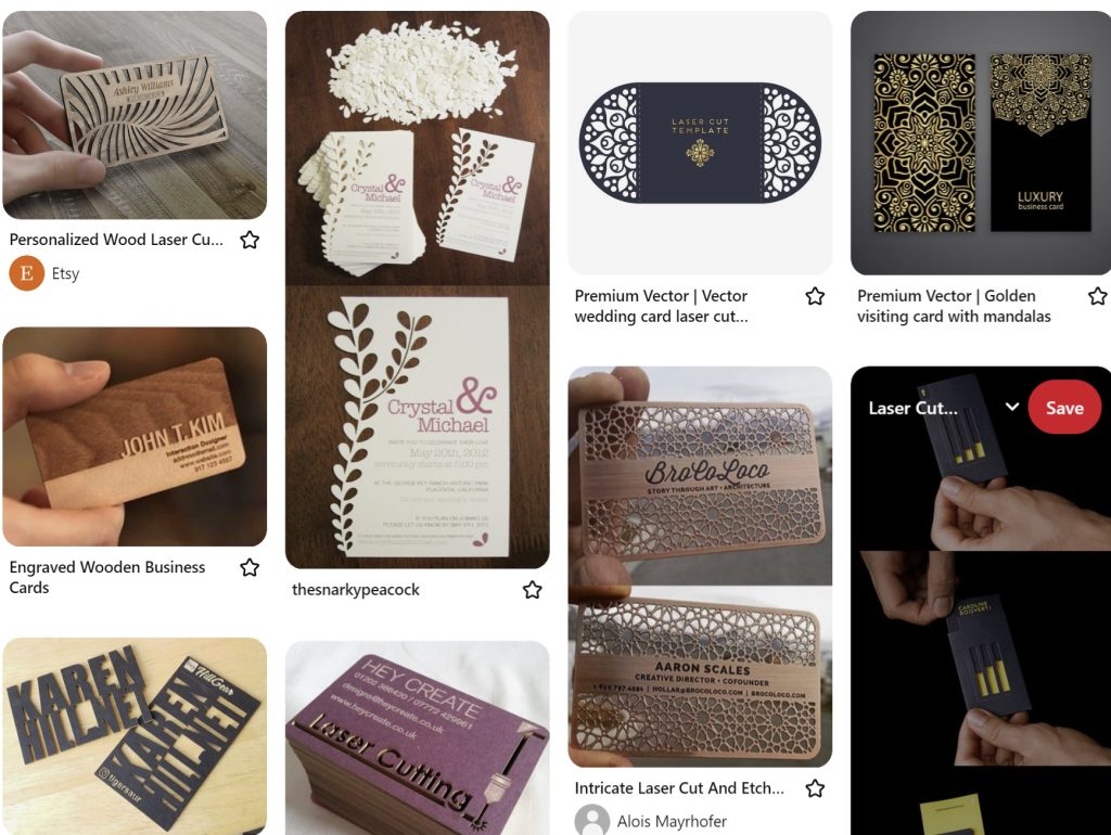 a screenshot from pinterest of laser cut business cards