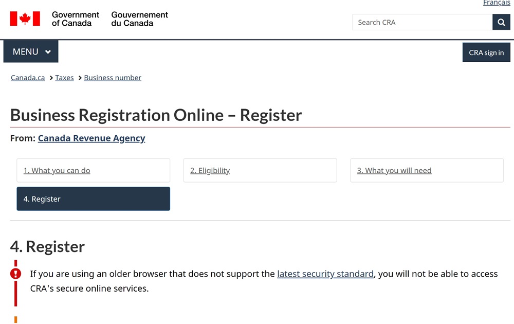 screenshot of government of canada business registration online