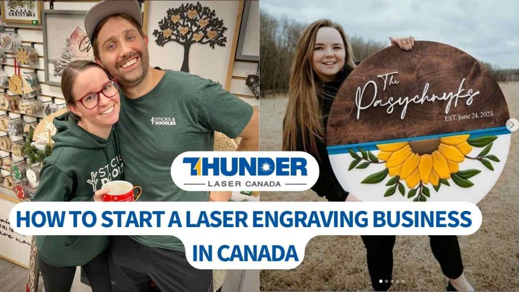 banner image reads 'How to start a laser engraving business at home in canada' background shows images of business owners Kyle and Danelle left and Aleesha DIY right