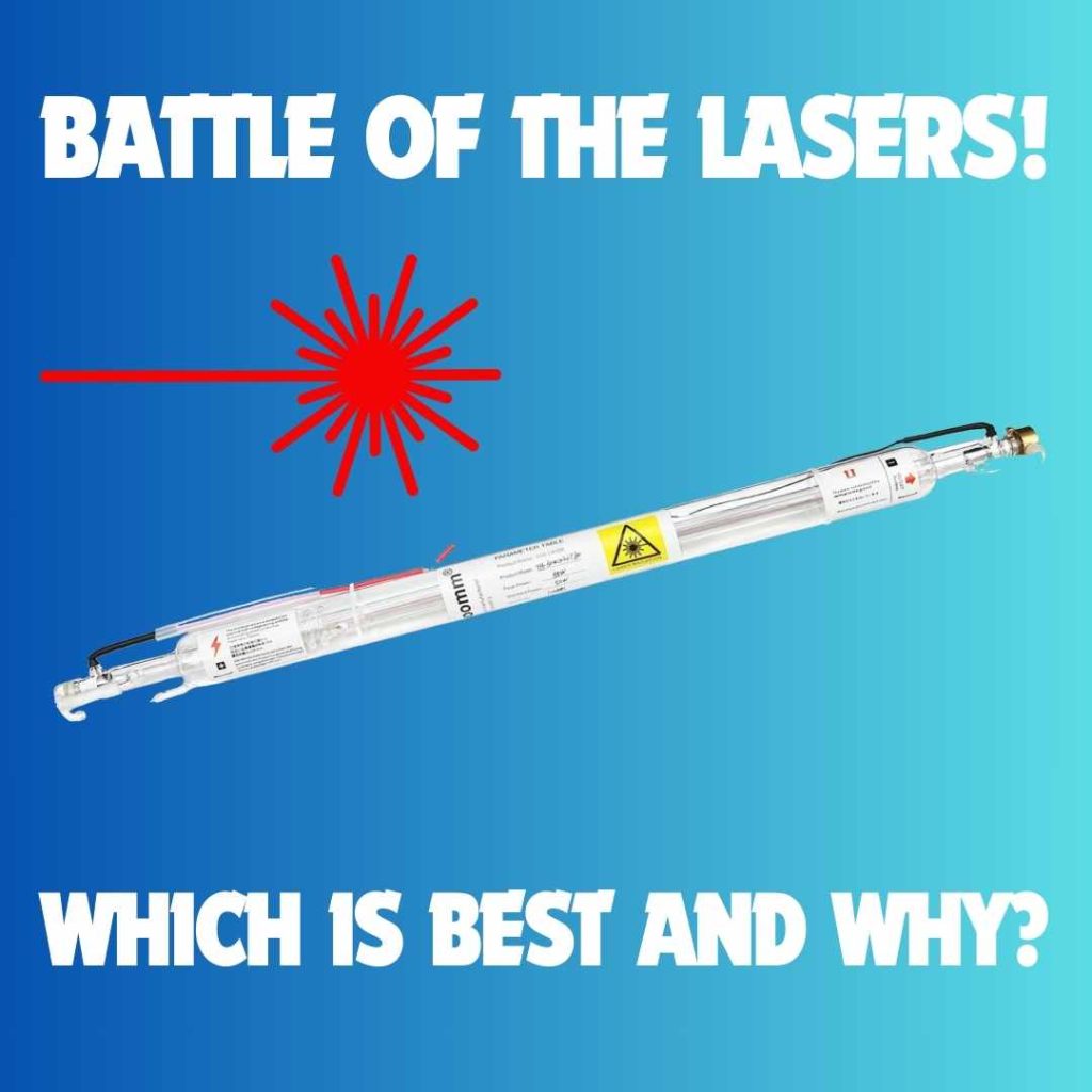 cover image with a laser tube and a gradient light blue to dark blue bacground overlaid text reads. Battle of the Lasers which is best and why?