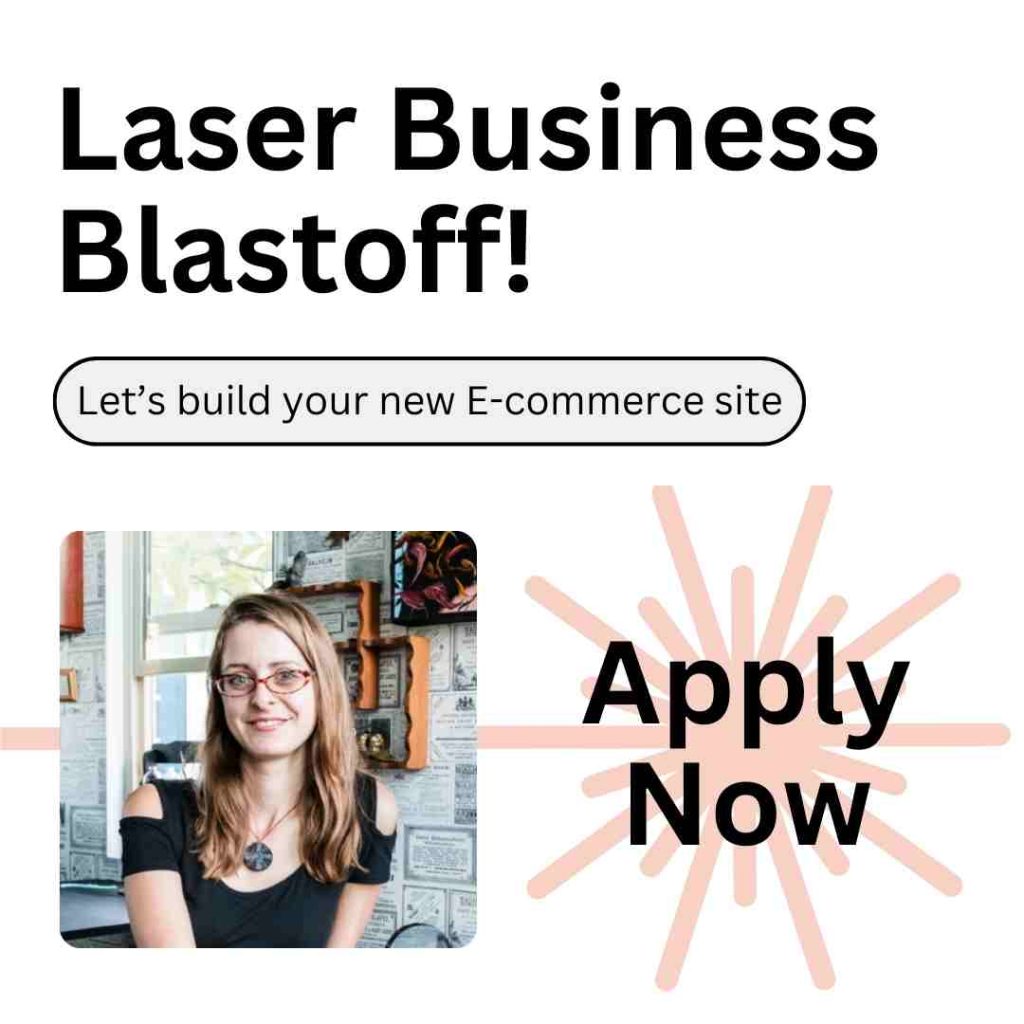 Laser Business Blastoff poster. "Lets build your newAA commerce site" Image below of Zee Kesler a light skinned woman with light skin, long brown hair large red glasses smiling.