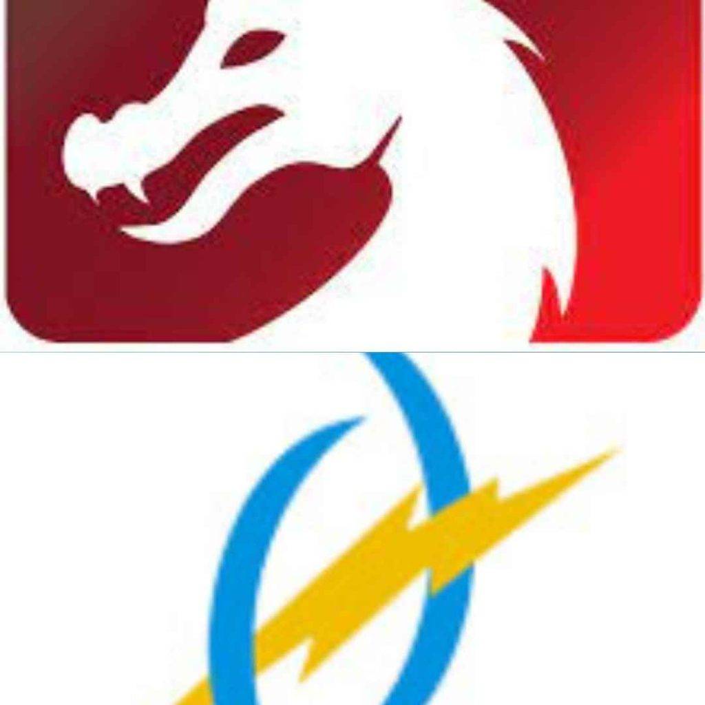 square image split in half. lightburn logo at top (white dragon with white bc) and rdworks logo (blue parathesis with yellow lightning bolt)