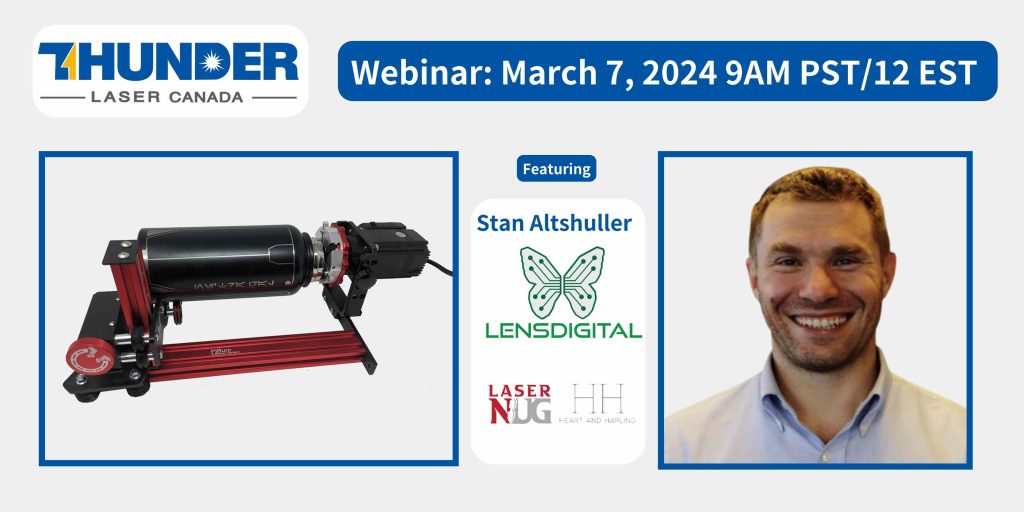 thunder laser webinar march 7th 2024 poster stan atshuller of lens digital. a picture of stan with a lens digital logo and a photo of a red piburn rotary device for laser engraving rounded objects. guests: laser nug logo, heart and harling logo