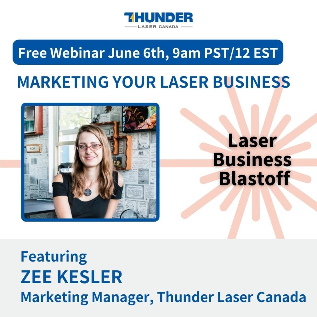 SQUARE POSTER FOR WEBINAR JUNE 6 9AM PST LASER BUSINESS BLASTOFF WITH AN IMAGE OF A LIGHT SKINNED GIRL WITH BROWN HAIR AND GLASSES