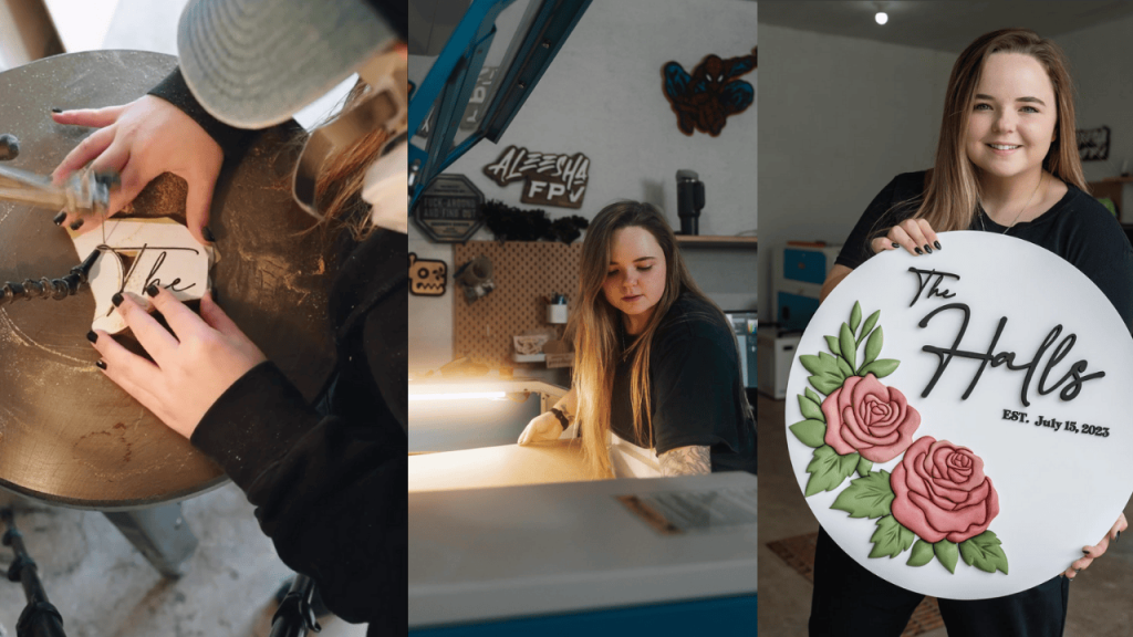 3 images left hands close up scroll sawing, middle aleesha at her Thunder Laser, Right Aleesha holding a sign