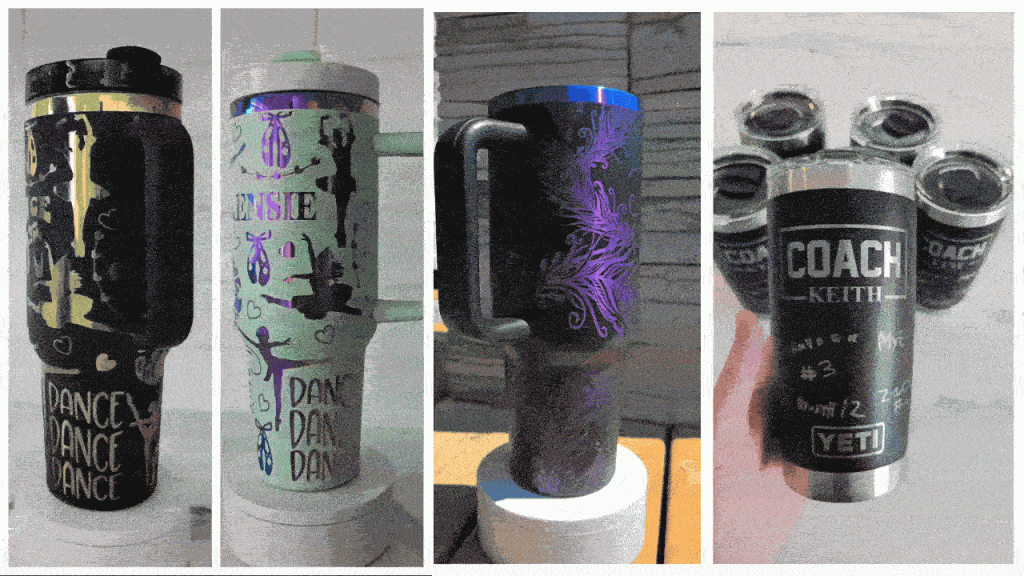 moving gif of 4 different customized mugs engraved with a thunder lsaer