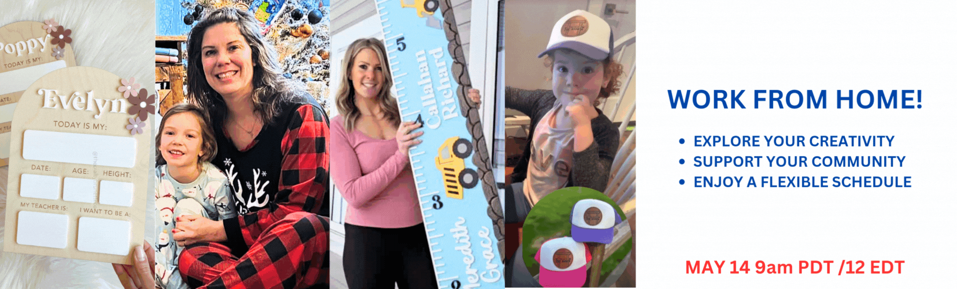 Laser moms webinar Thunder Laser canada women with their kids holding signs, engraved patches