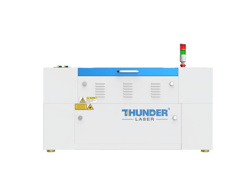 a white and blue table top Thunder Laser cutter machine.