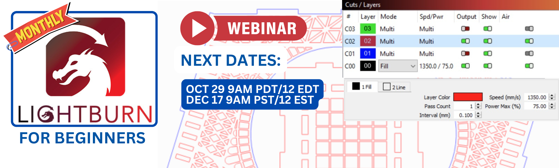 lightburn for beginners webinar thunder laser canada banner dates