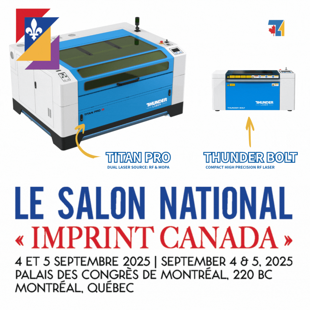 poster for imprint canada event sept 4-5 2025 palais des congres de montreal. images of 2 laser machines titan pro dual laser source rf and Mopa and ThunderBolt compact high precision rf