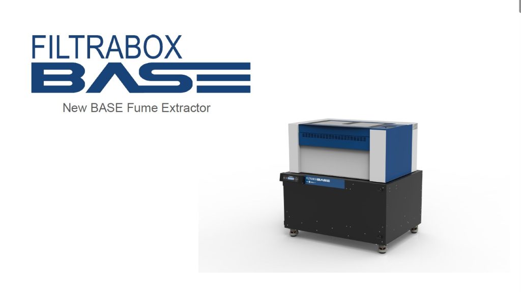 Image of Filtrabox BASE model fume extractor Logo top left and desk style filter machine on right allows smaller lasers to sit ontop