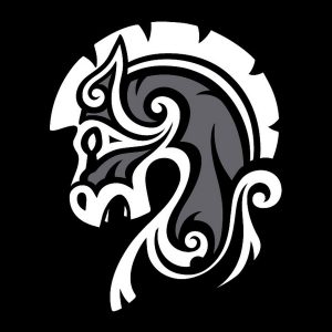 dark horse workshop logo black bg with a white and grey viking style horse