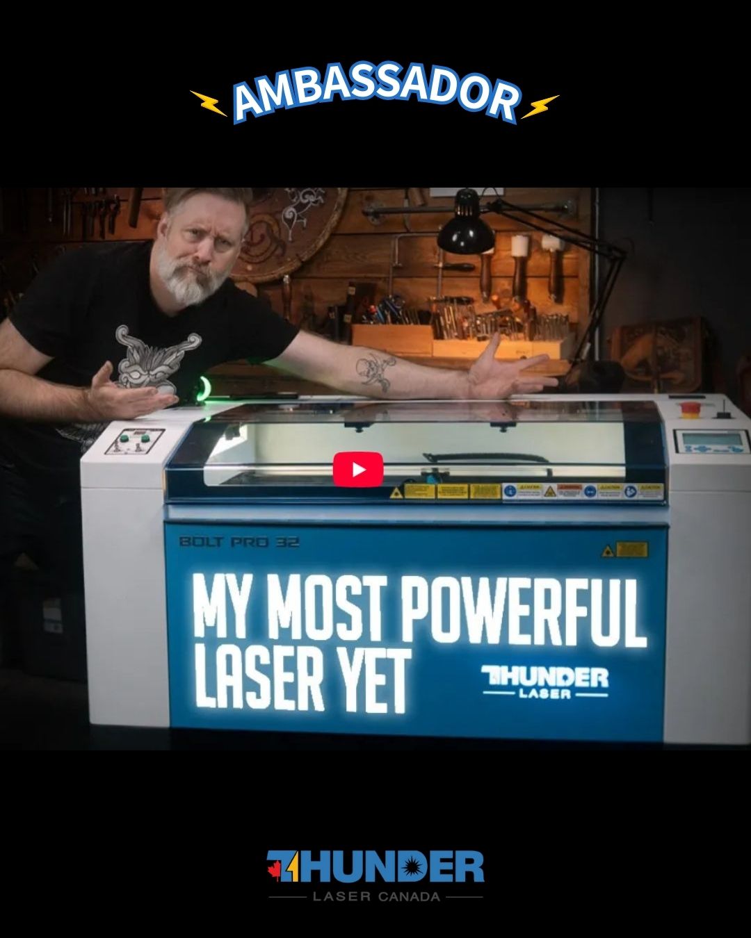a white man with a grey beard stands over a blue and white Thunder Laser machine that says My most powerful laser yet Thunder Laser .leather laser engraving
