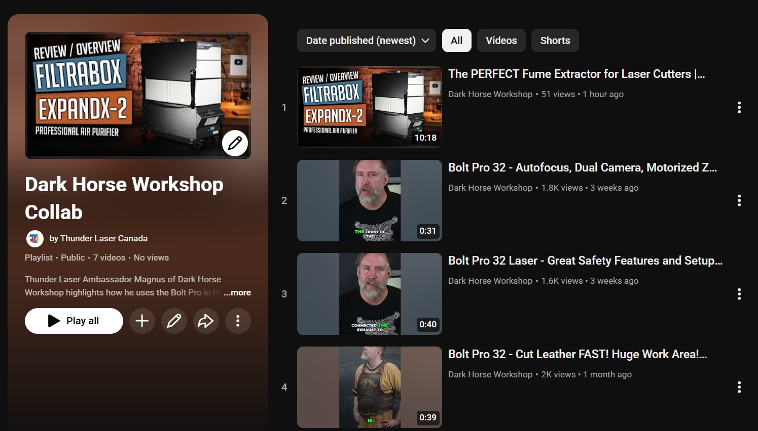 dark horse workshop Thunder laser playlist screen shot from youtube channel