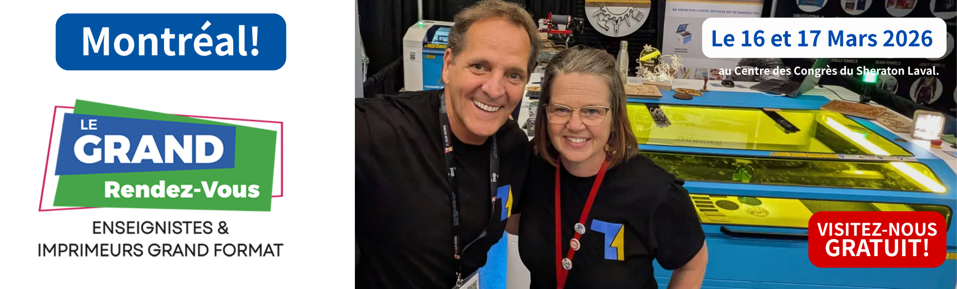 gilles and katy stand with lanyards infront of a blue and white metal thunder laser machine