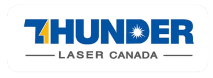 Thunder Laser Canada logo round white box with blue capital letter that say THUNDER with a mustard yellow lightning bolt integrated into the letter T. below in dark grey caps font says Laser Canada