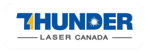 Thunder Laser Canada logo round white box with blue capital letter that say THUNDER with a mustard yellow lightning bolt integrated into the letter T. below in dark grey caps font says Laser Canada